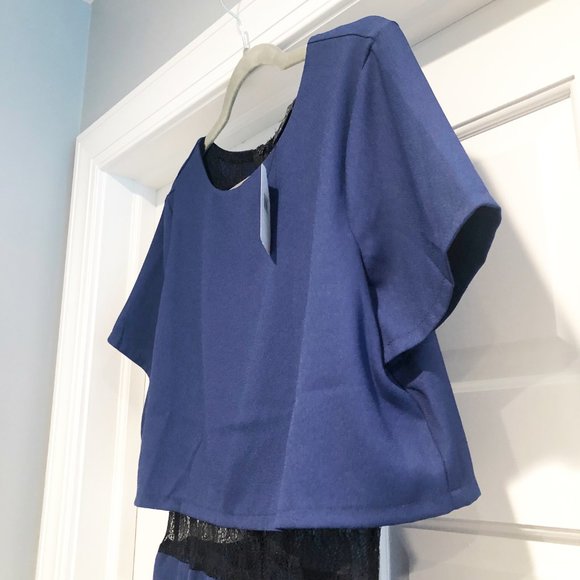 ASTR Black Lace Midriff Inset Stretch Romper Navy Blue L NWT - Picture 3 of 12